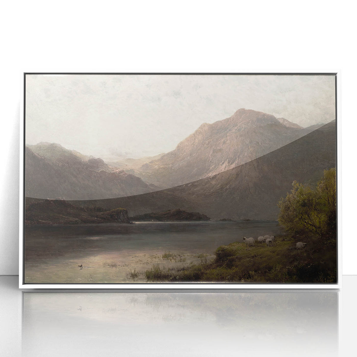 Vintage Mountain Landscape Art - Tranquil Lake with Sheep Canvas