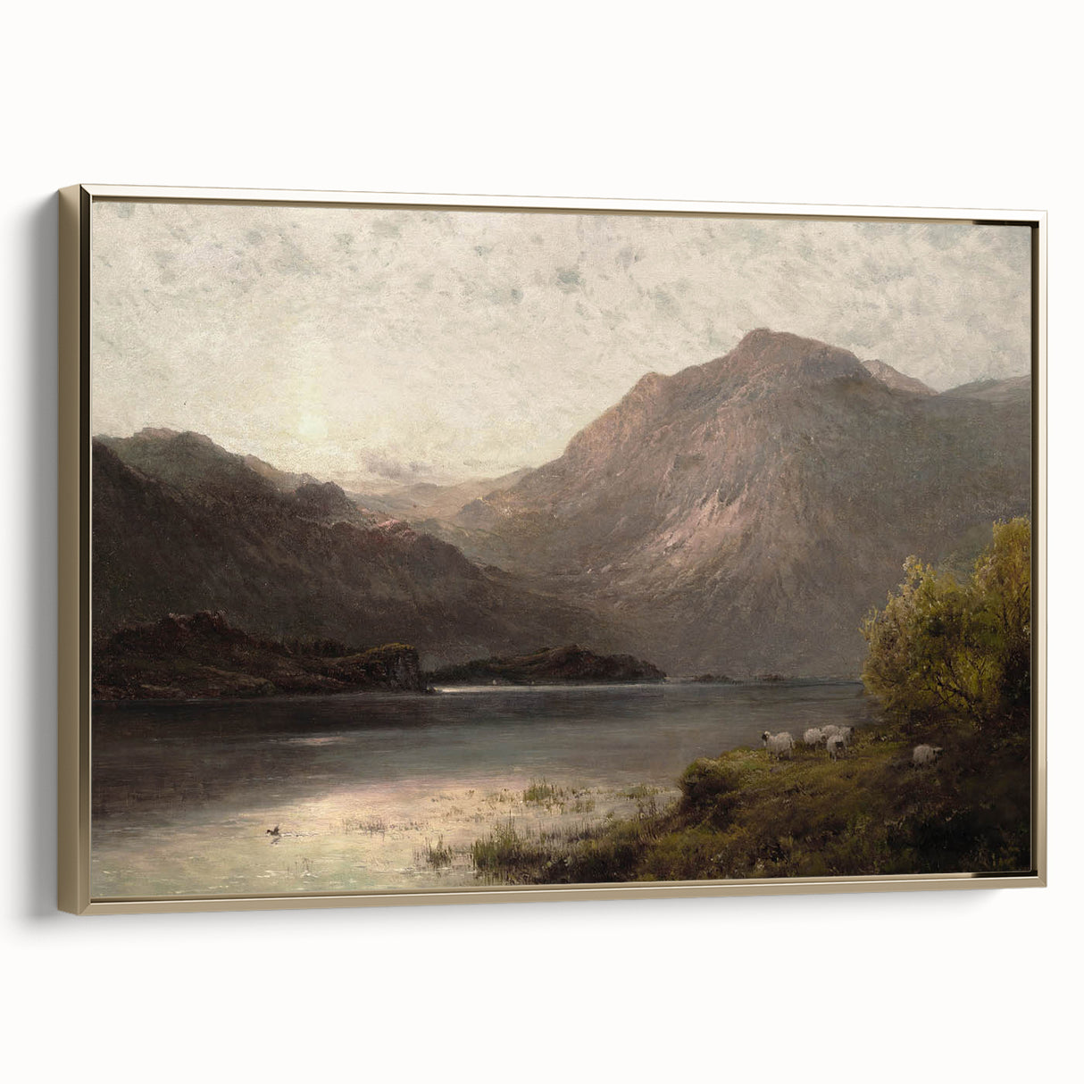 Vintage Mountain Landscape Art - Tranquil Lake with Sheep Canvas