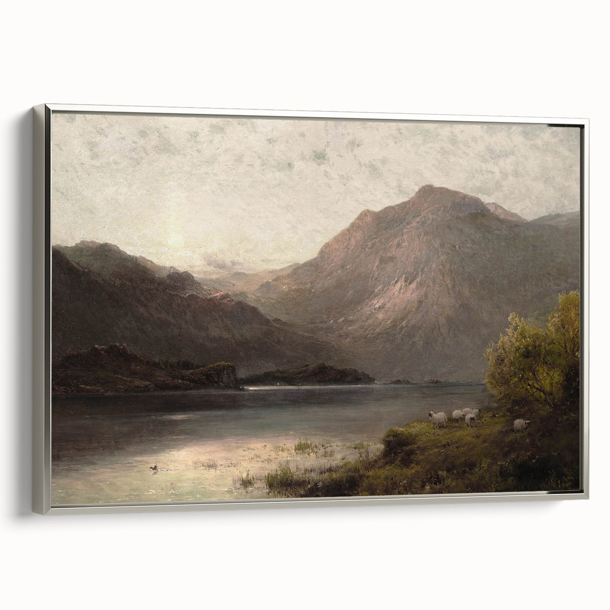 Vintage Mountain Landscape Art - Tranquil Lake with Sheep Canvas