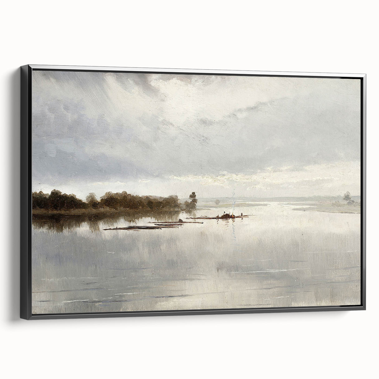Vintage Riverside Landscape Art - Calm River with Boats Canvas