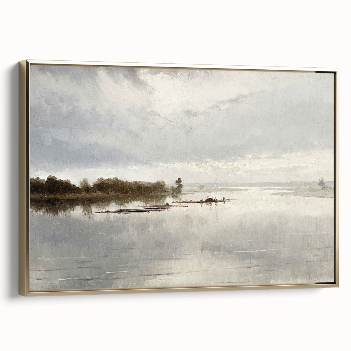 Vintage Riverside Landscape Art - Calm River with Boats Canvas