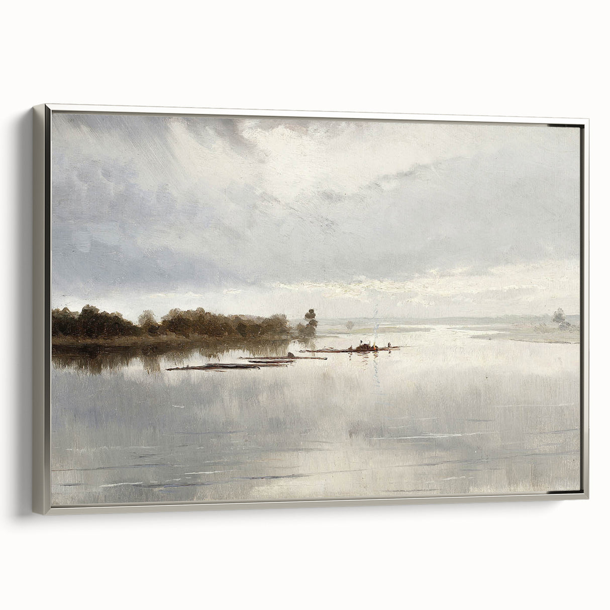 Vintage Riverside Landscape Art - Calm River with Boats Canvas