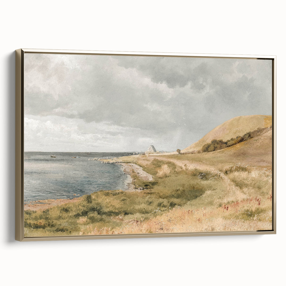 Vintage Coastal Landscape Art - Tranquil Seaside with Boats Canvas