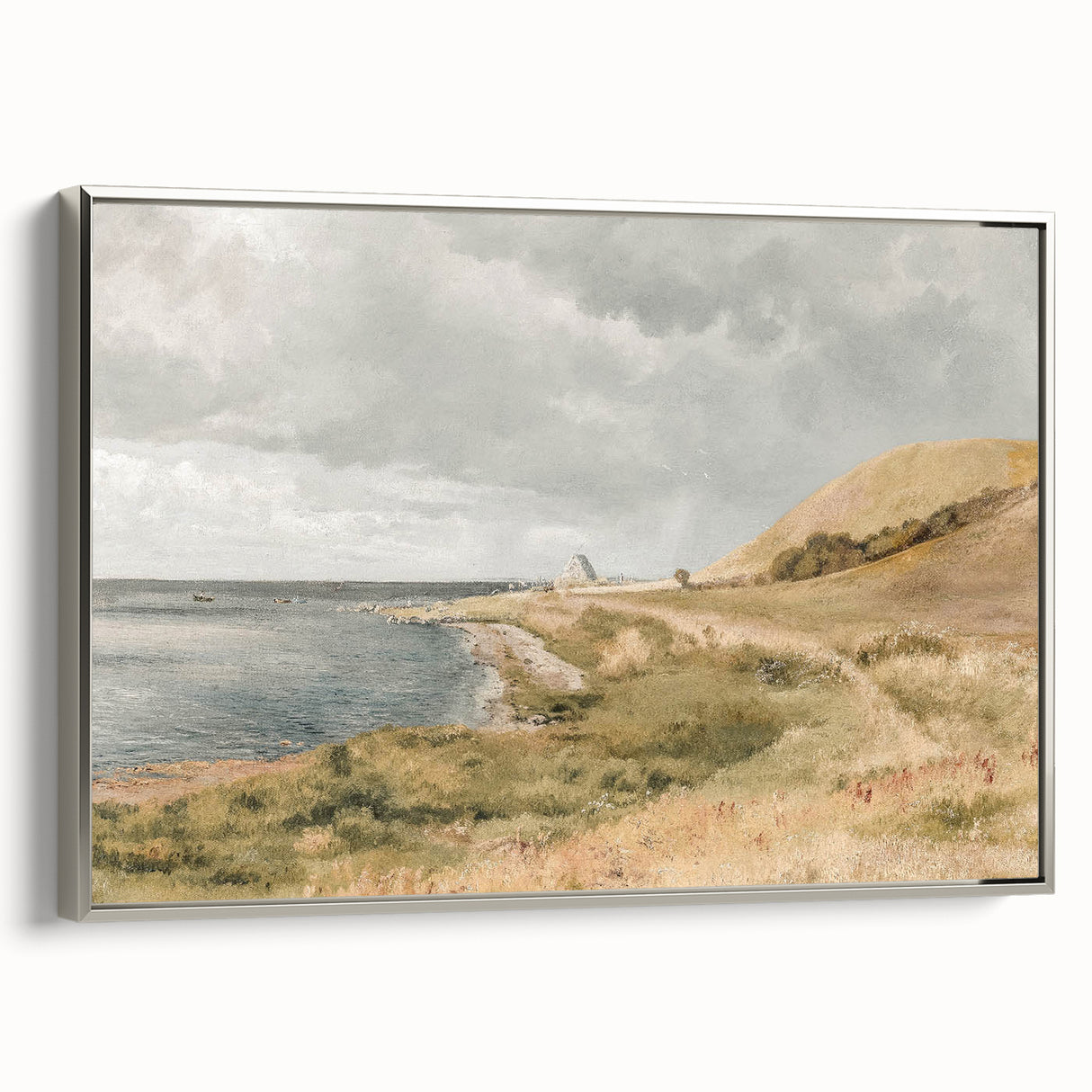 Vintage Coastal Landscape Art - Tranquil Seaside with Boats Canvas