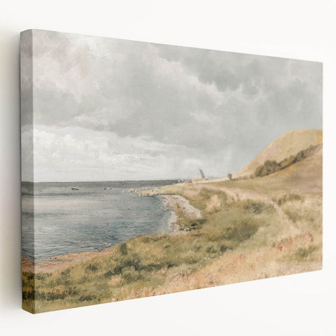 Vintage Coastal Landscape Art - Tranquil Seaside with Boats Canvas