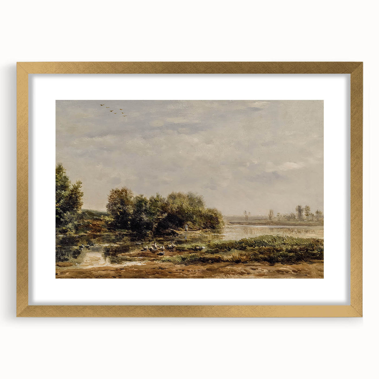 Vintage Riverside Art - Tranquil Ducks and Boat Canvas
