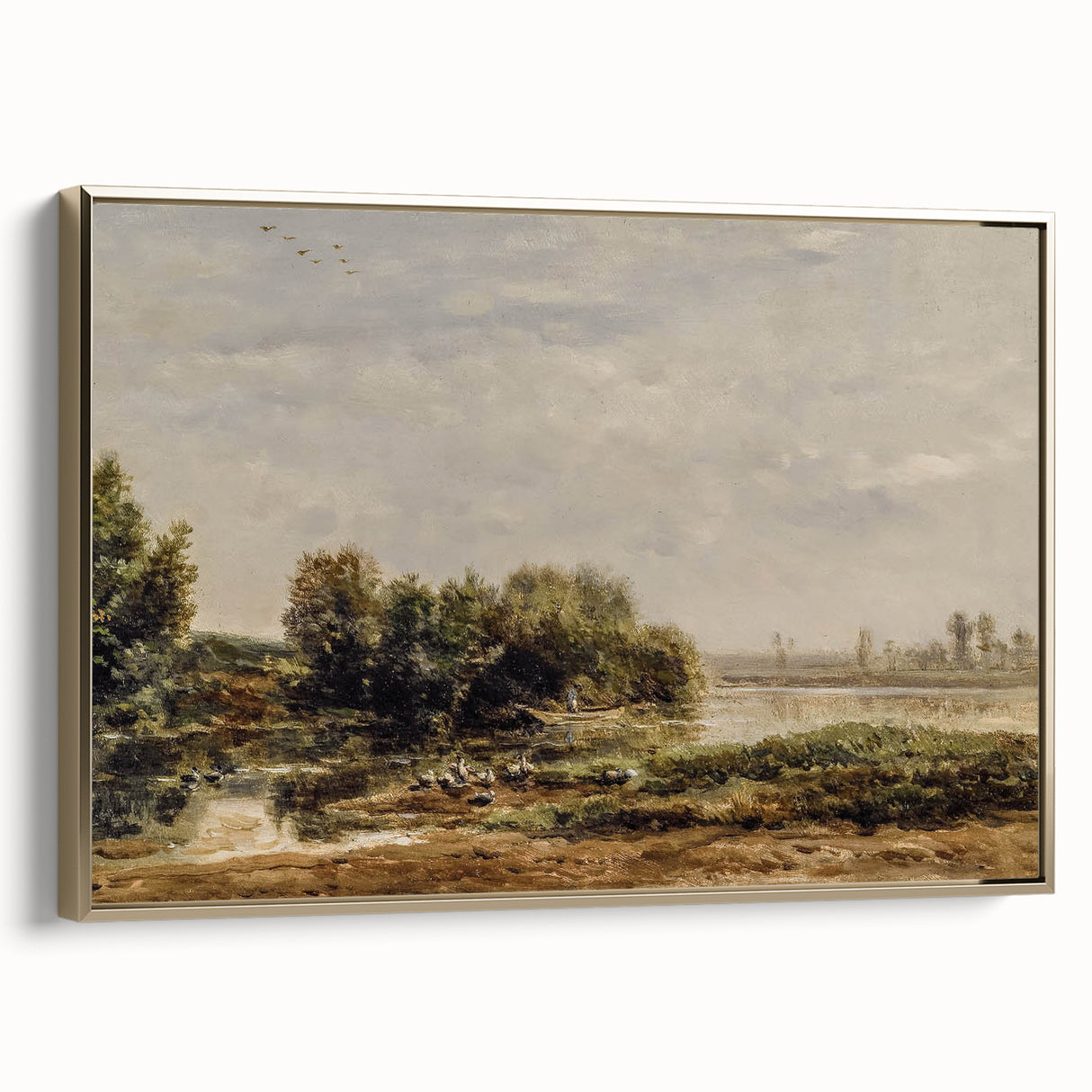 Vintage Riverside Art - Tranquil Ducks and Boat Canvas