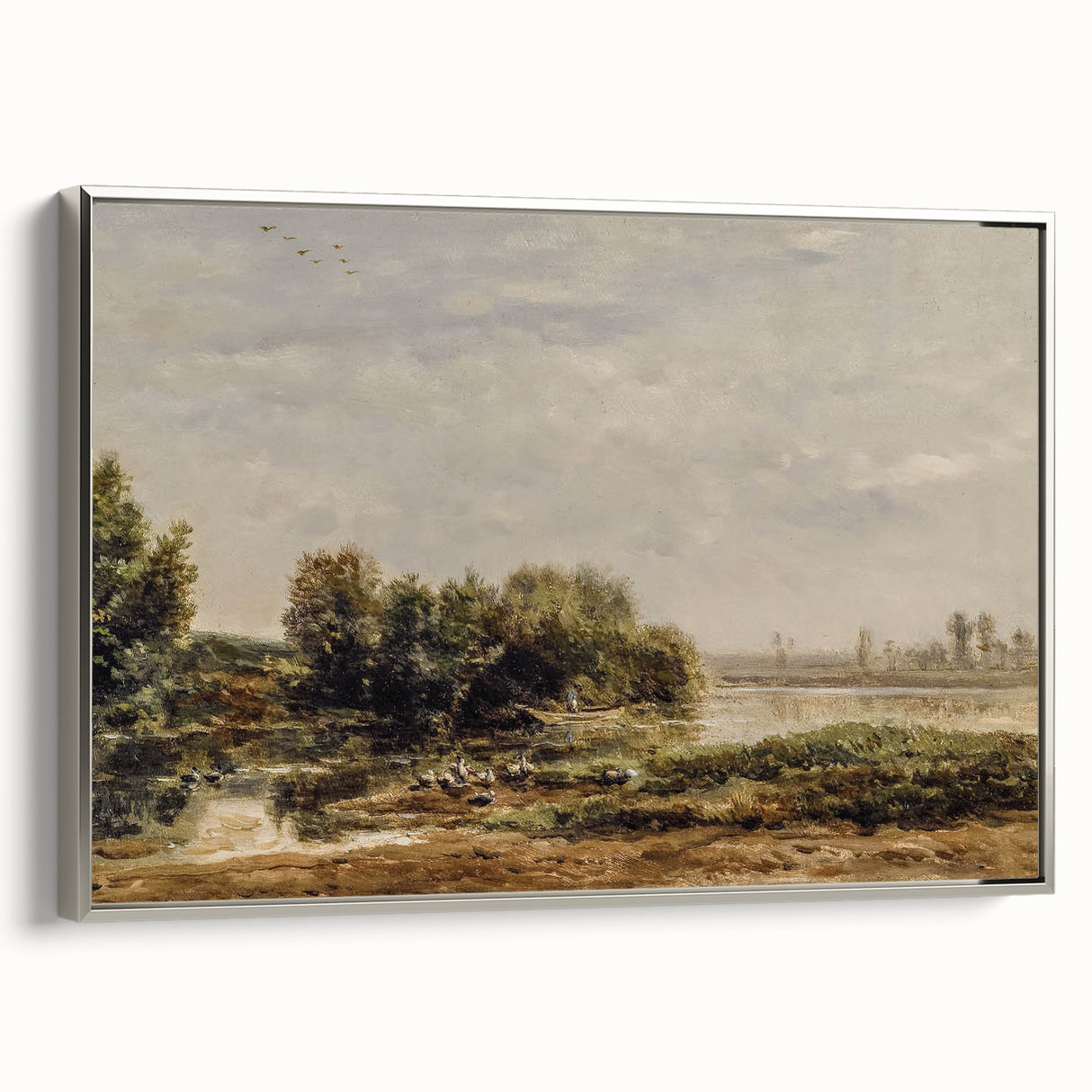 Vintage Riverside Art - Tranquil Ducks and Boat Canvas