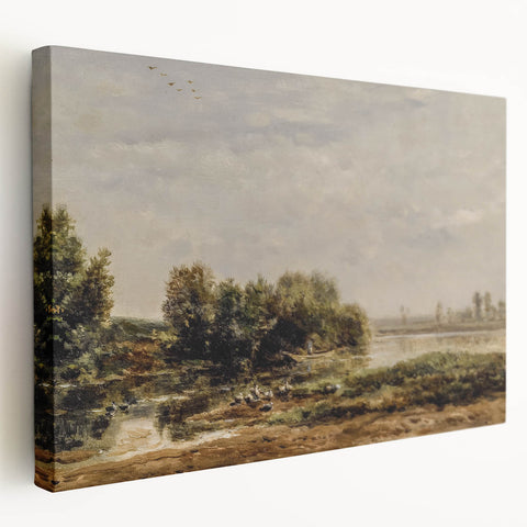 Vintage Riverside Art - Tranquil Ducks and Boat Canvas