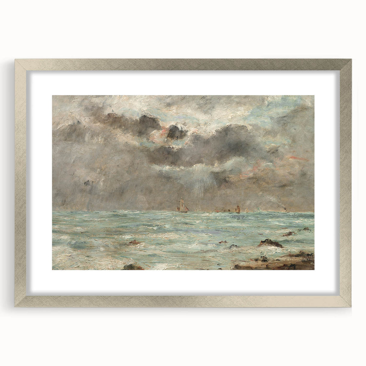 Vintage Seascape Art - Stormy Ocean with Ships Canvas