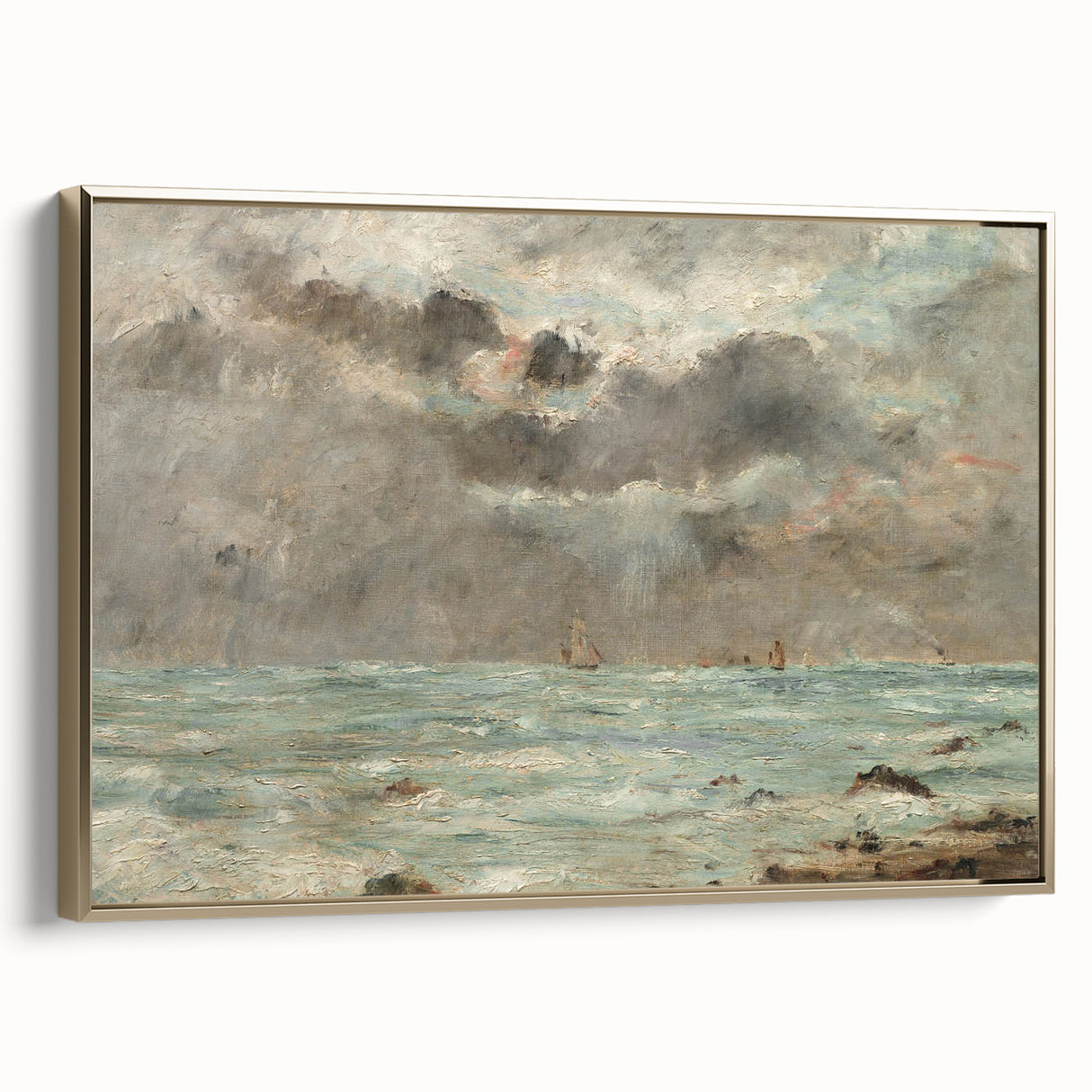 Vintage Seascape Art - Stormy Ocean with Ships Canvas