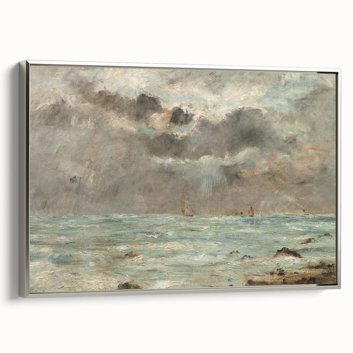 Vintage Seascape Art - Stormy Ocean with Ships Canvas