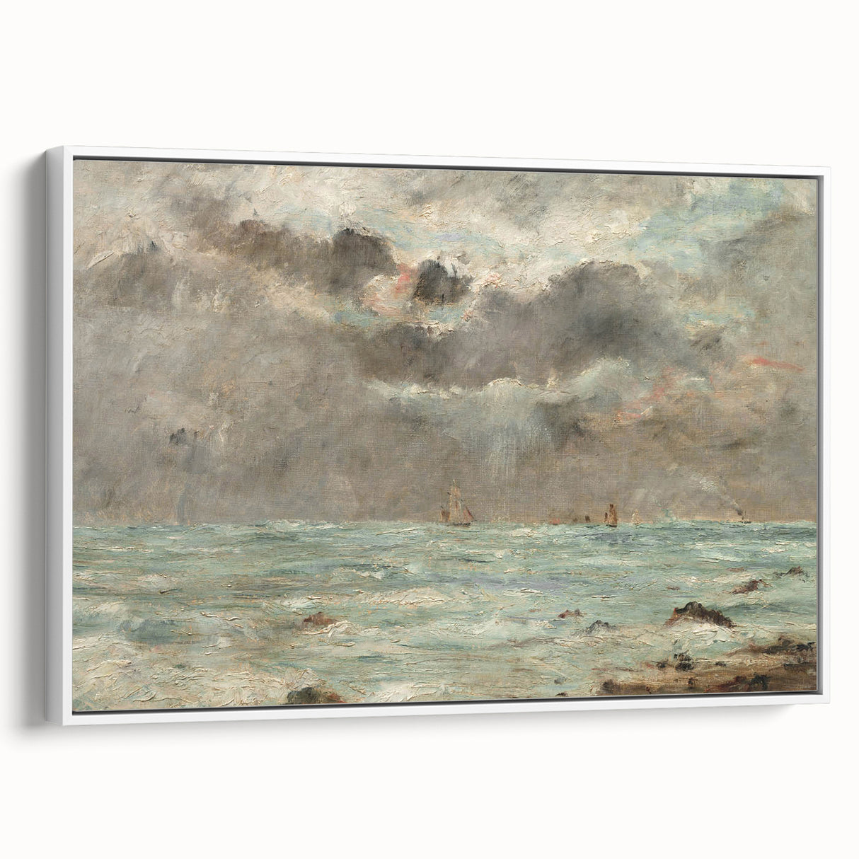 Vintage Seascape Art - Stormy Ocean with Ships Canvas