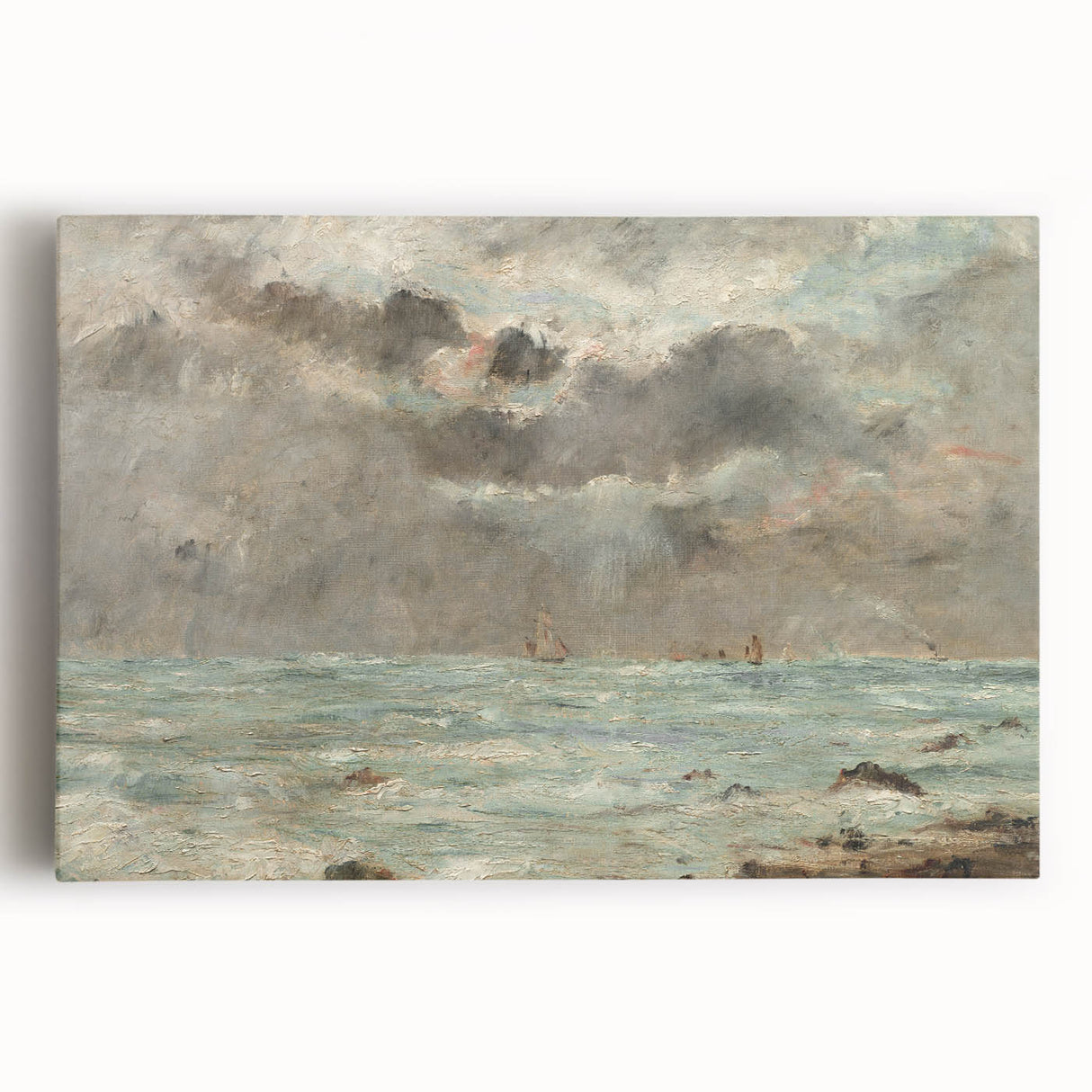 Vintage Seascape Art - Stormy Ocean with Ships Canvas