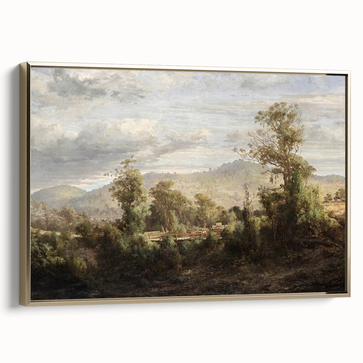Vintage Rural Landscape Art - Tranquil Bridge and Trees Canvas
