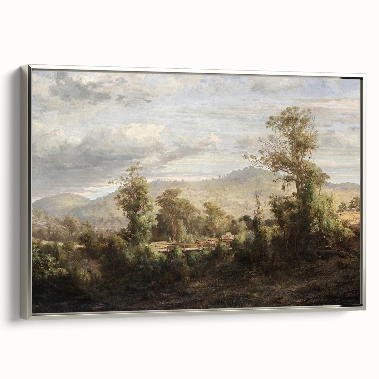 Vintage Rural Landscape Art - Tranquil Bridge and Trees Canvas
