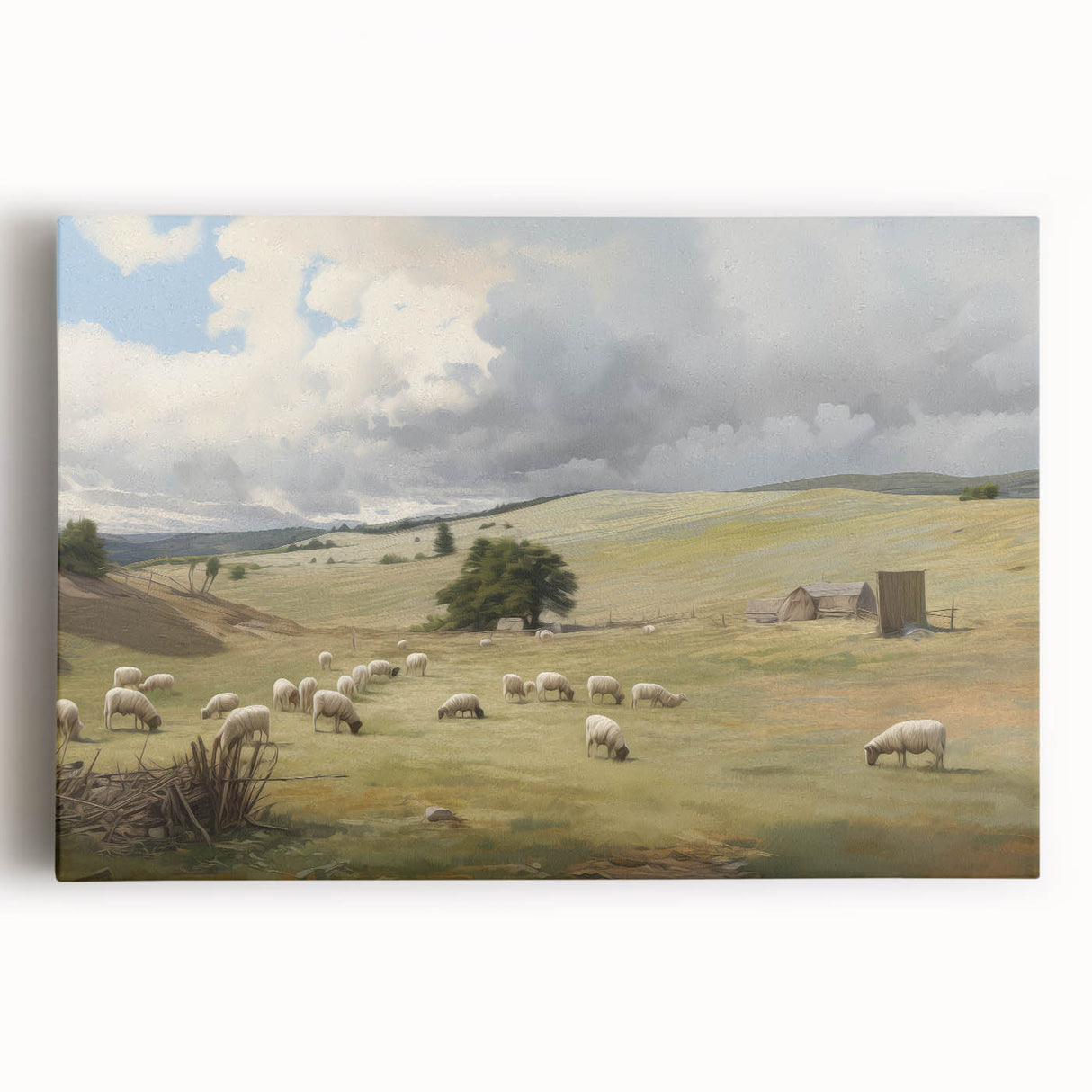 Vintage Pastoral Art - Sheep Grazing on Countryside Canvas