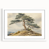 Vintage Landscape Art - Windswept Pine Tree on Rocky Hill