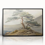 Vintage Landscape Art - Windswept Pine Tree on Rocky Hill