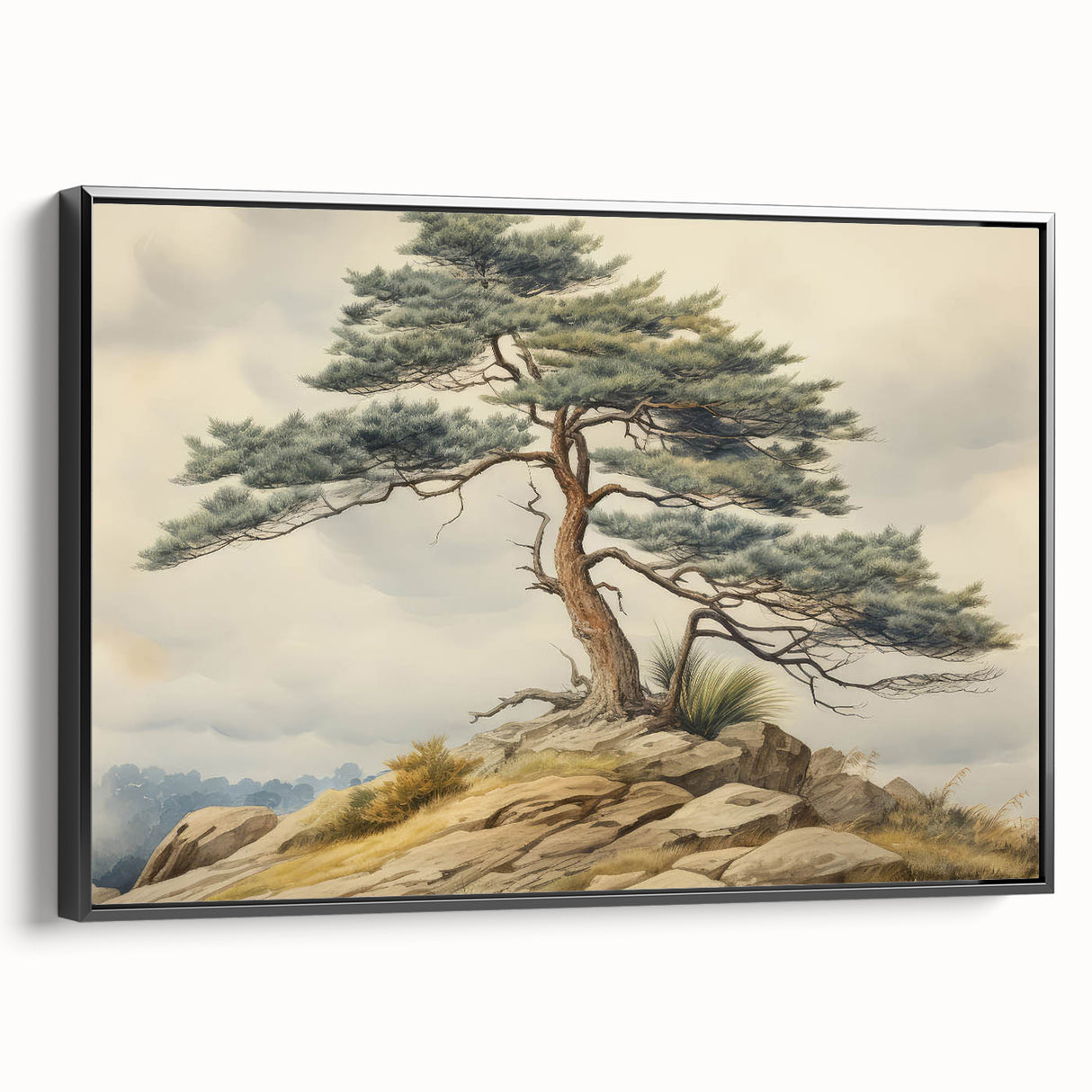 Vintage Landscape Art - Windswept Pine Tree on Rocky Hill