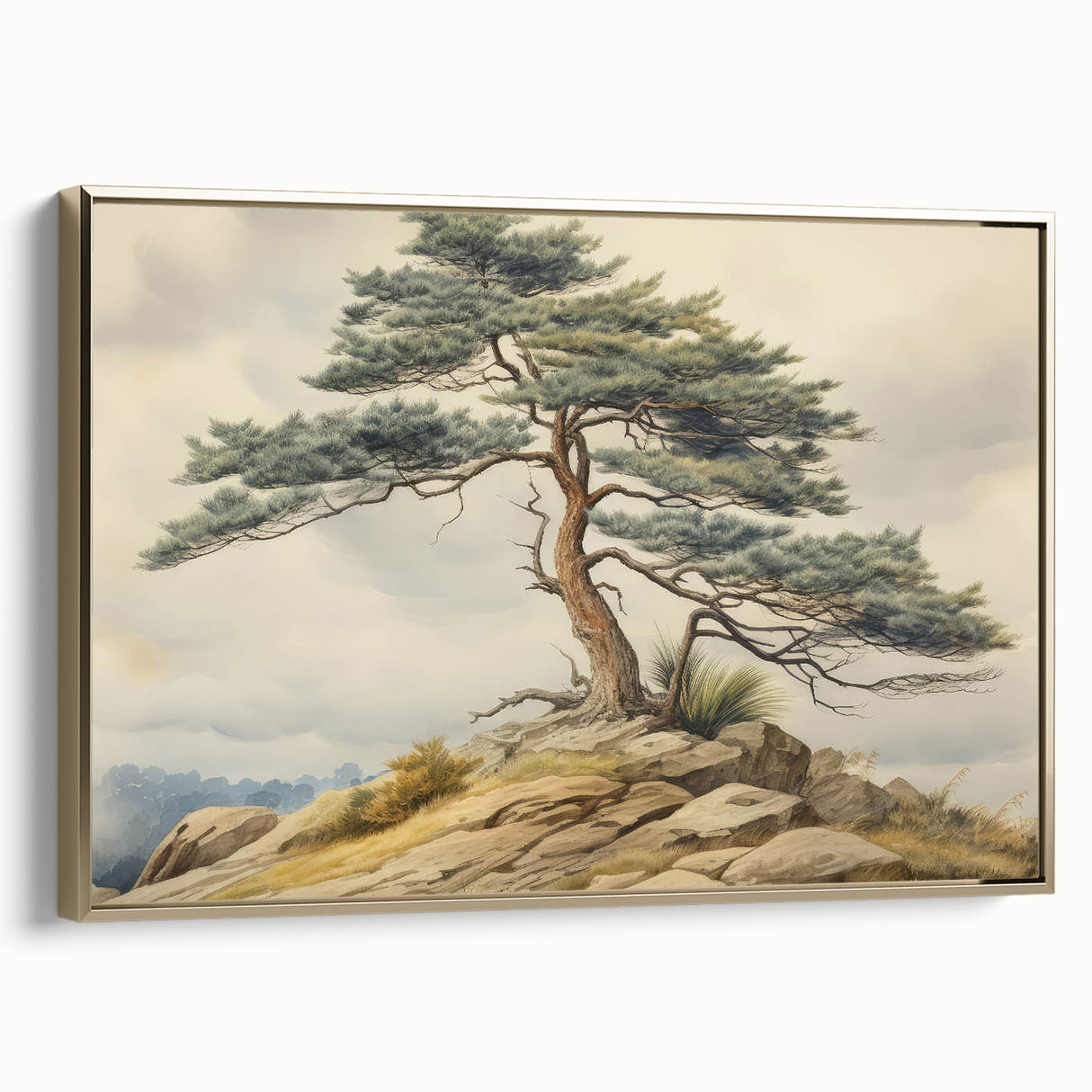 Vintage Landscape Art - Windswept Pine Tree on Rocky Hill