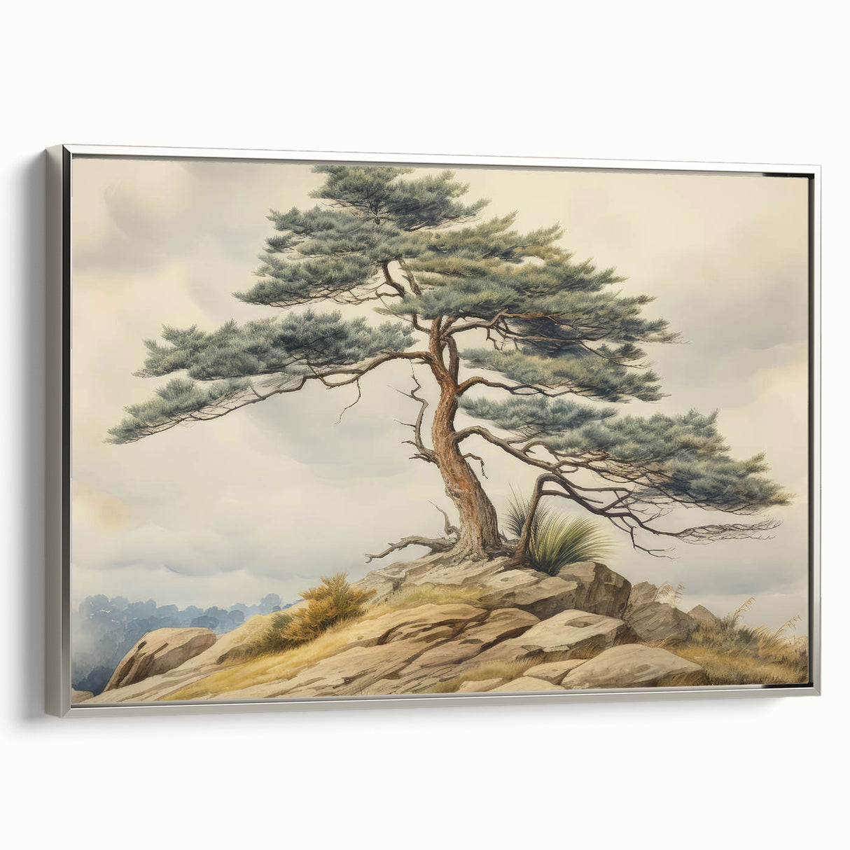 Vintage Landscape Art - Windswept Pine Tree on Rocky Hill