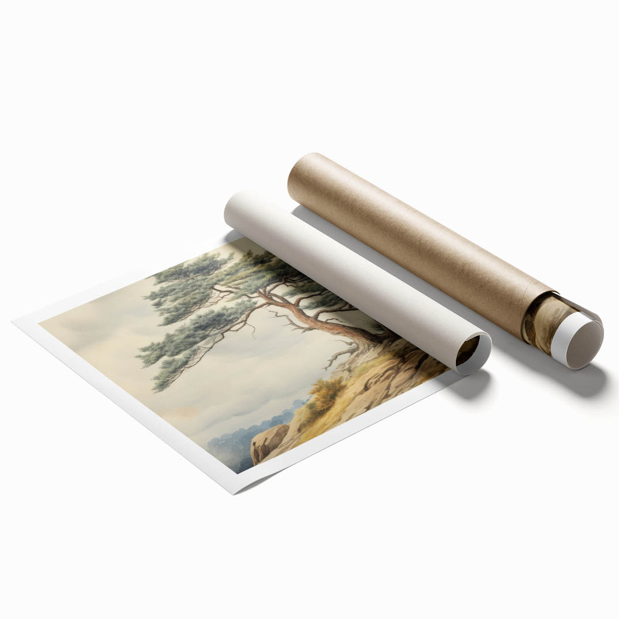 Vintage Landscape Art - Windswept Pine Tree on Rocky Hill