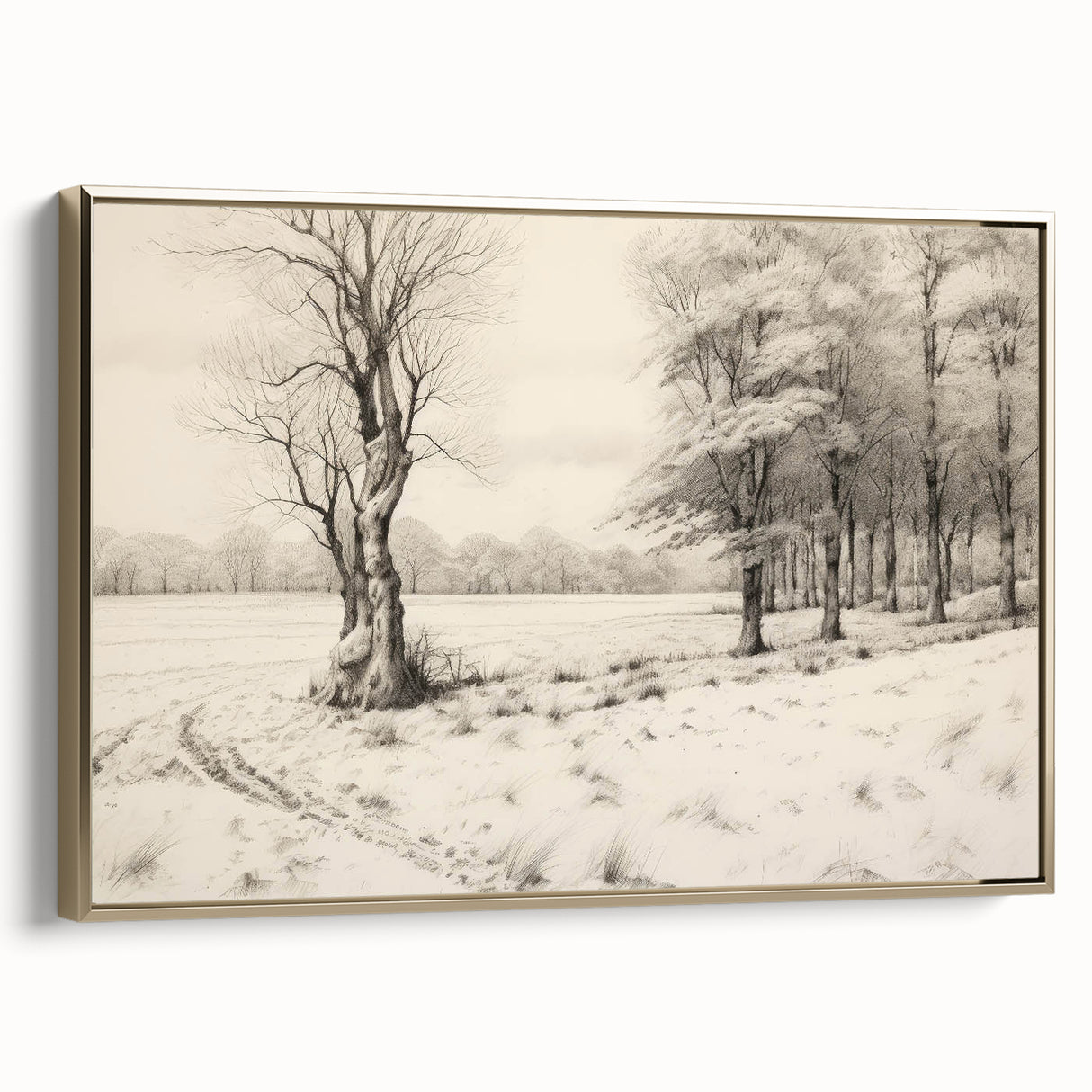 Vintage Landscape Art - Snowy Trees and Footprints in the Winter