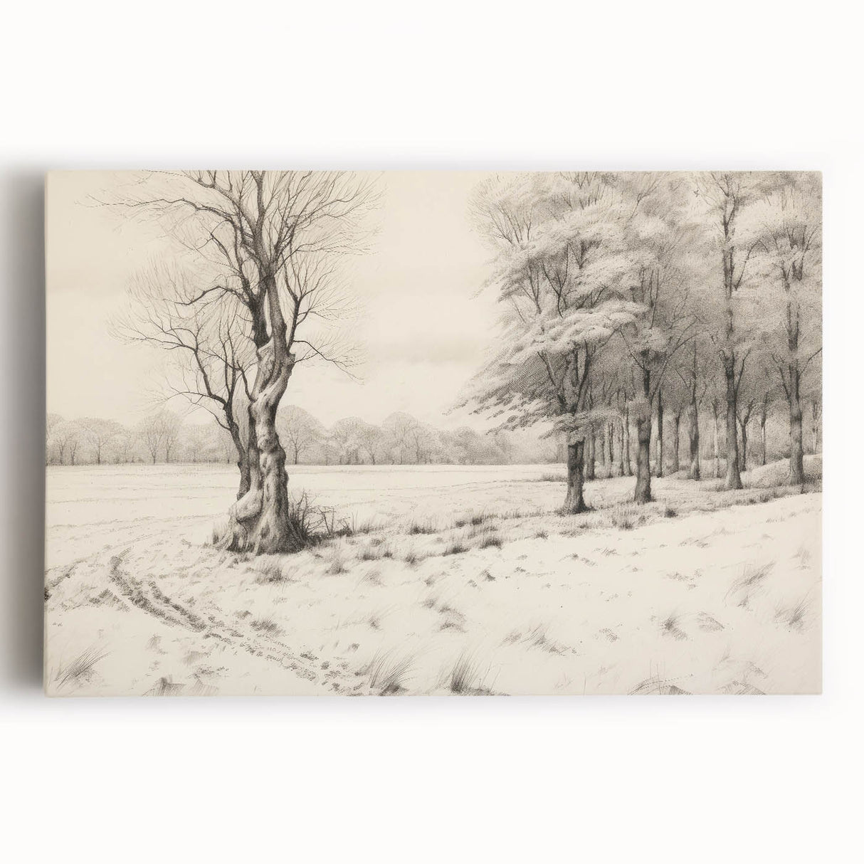 Vintage Landscape Art - Snowy Trees and Footprints in the Winter