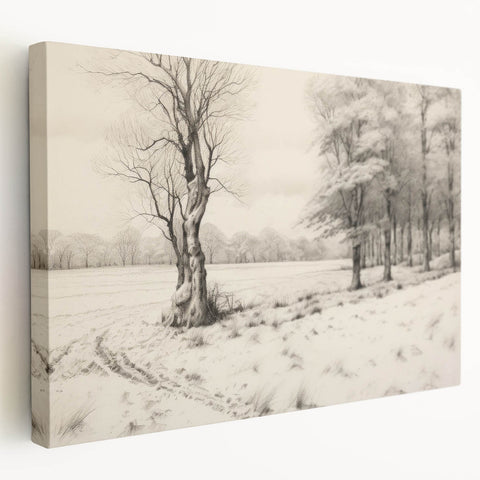 Vintage Landscape Art - Snowy Trees and Footprints in the Winter