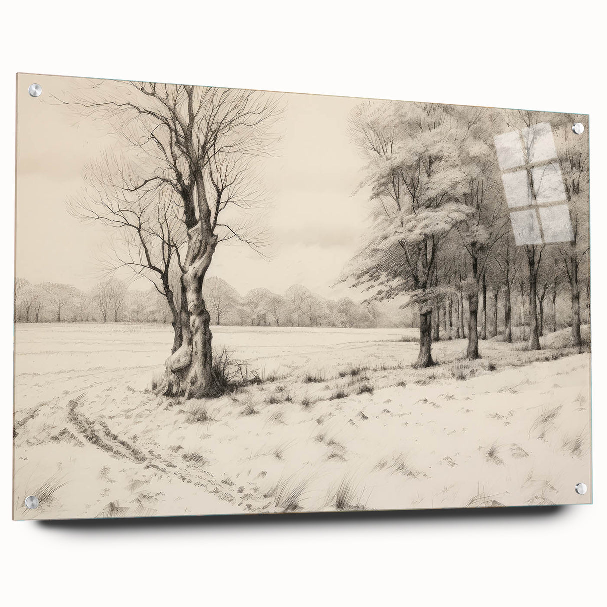 Vintage Landscape Art - Snowy Trees and Footprints in the Winter