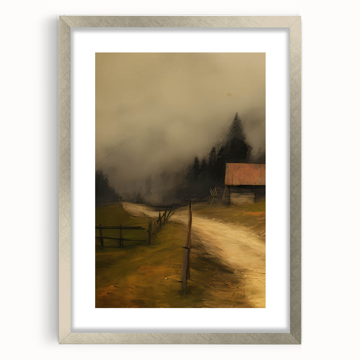 Misty Countryside Barn – Vintage Landscape Wall Art