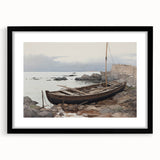 Vintage Landscape Art - Boat on Rocky Shore