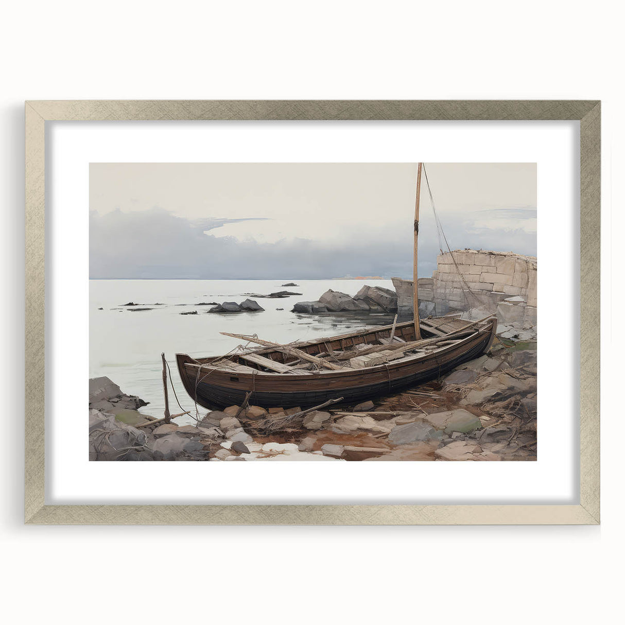 Vintage Landscape Art - Boat on Rocky Shore