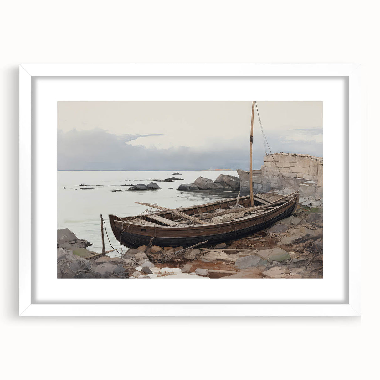 Vintage Landscape Art - Boat on Rocky Shore