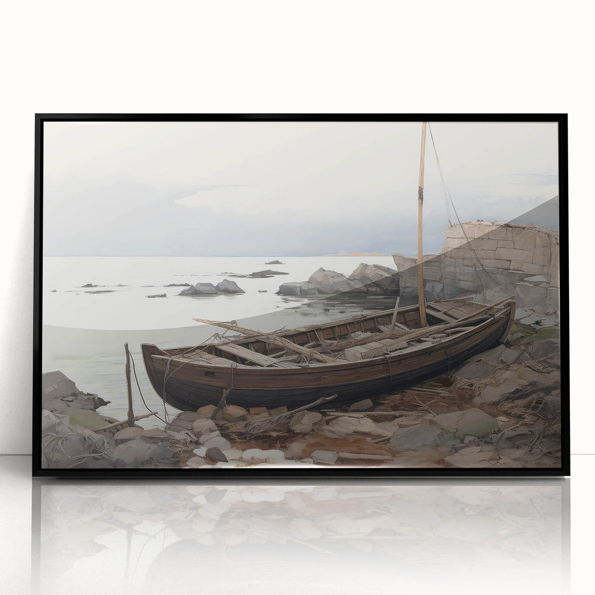 Vintage Landscape Art - Boat on Rocky Shore