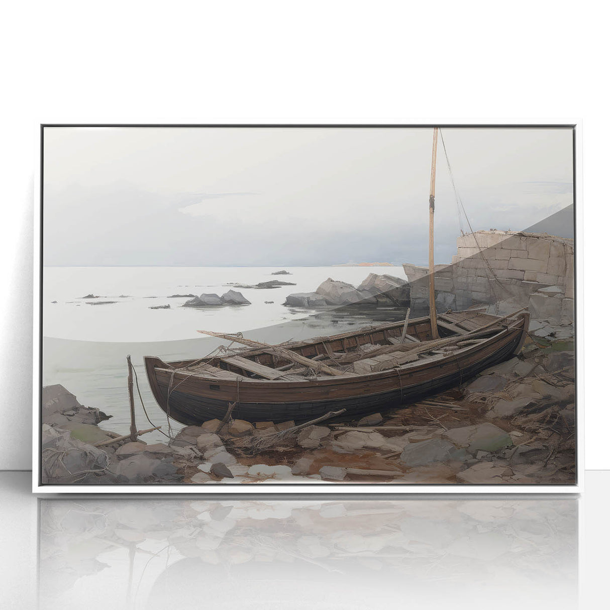 Vintage Landscape Art - Boat on Rocky Shore