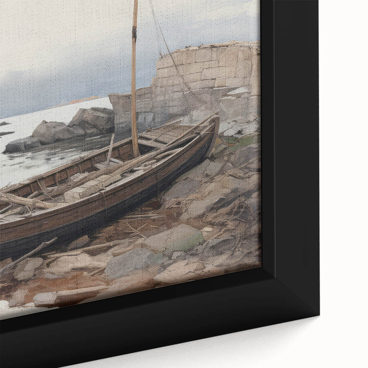 Vintage Landscape Art - Boat on Rocky Shore