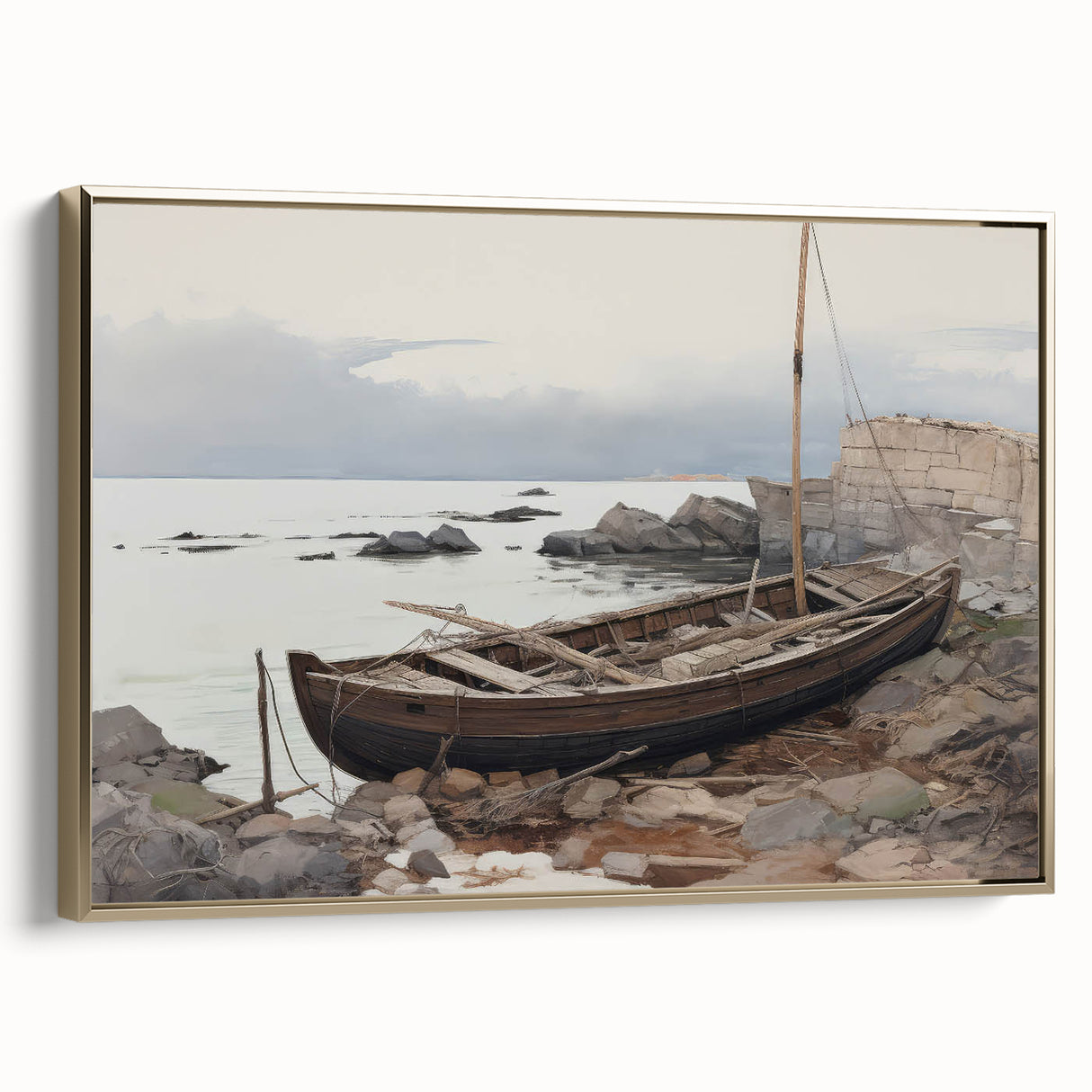 Vintage Landscape Art - Boat on Rocky Shore
