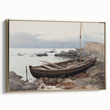 Vintage Landscape Art - Boat on Rocky Shore