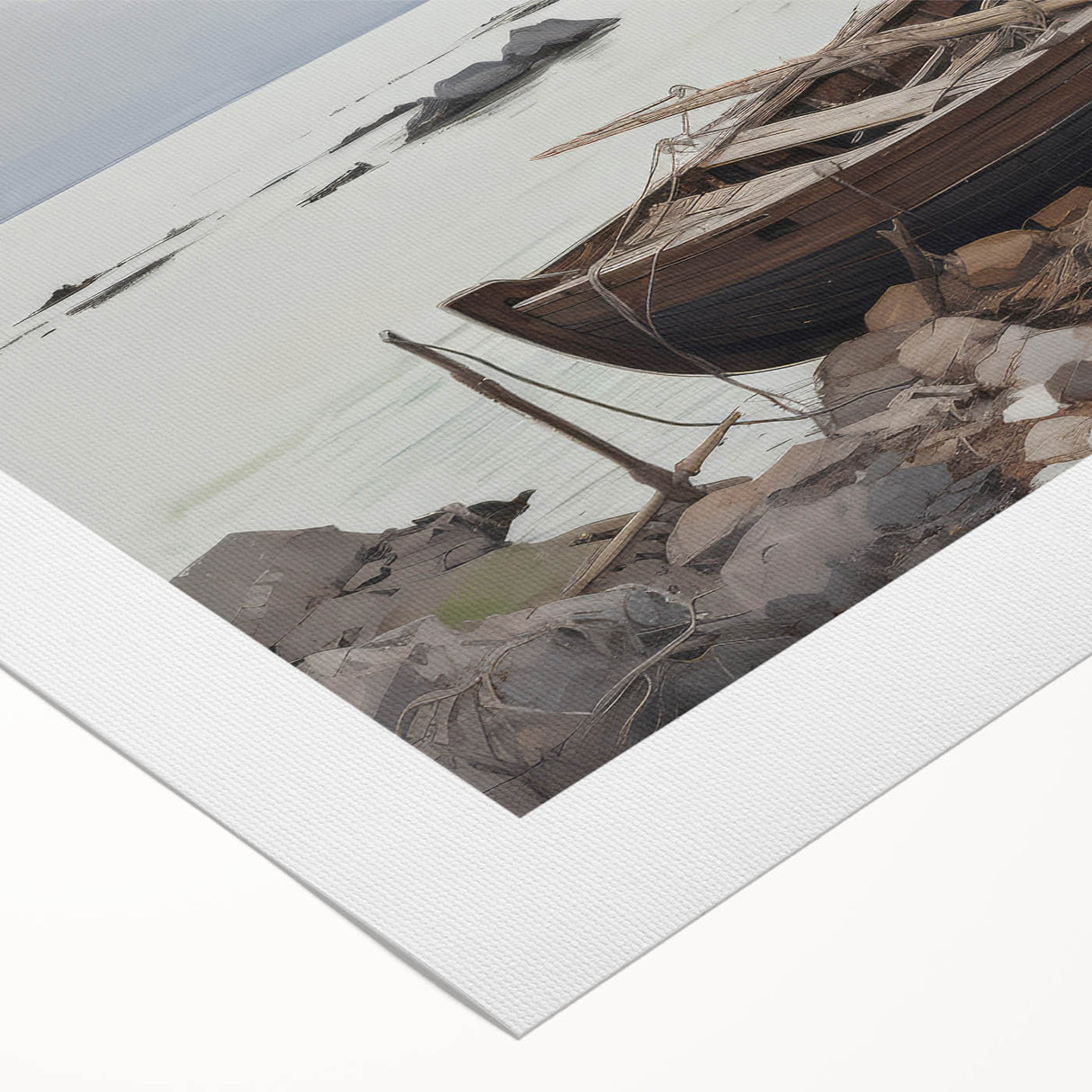 Vintage Landscape Art - Boat on Rocky Shore