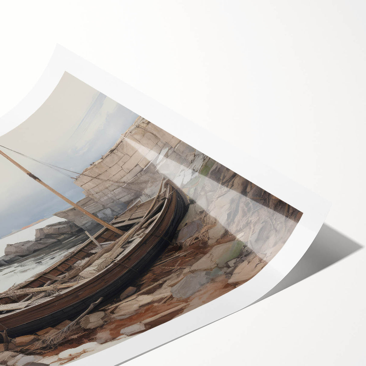 Vintage Landscape Art - Boat on Rocky Shore
