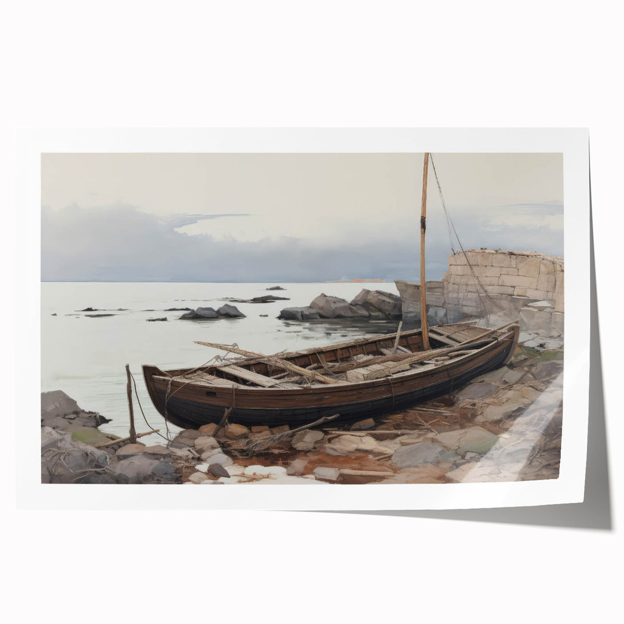 Vintage Landscape Art - Boat on Rocky Shore