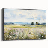 Vintage Landscape Art - Scenic Field with Flowers