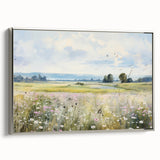 Vintage Landscape Art - Scenic Field with Flowers