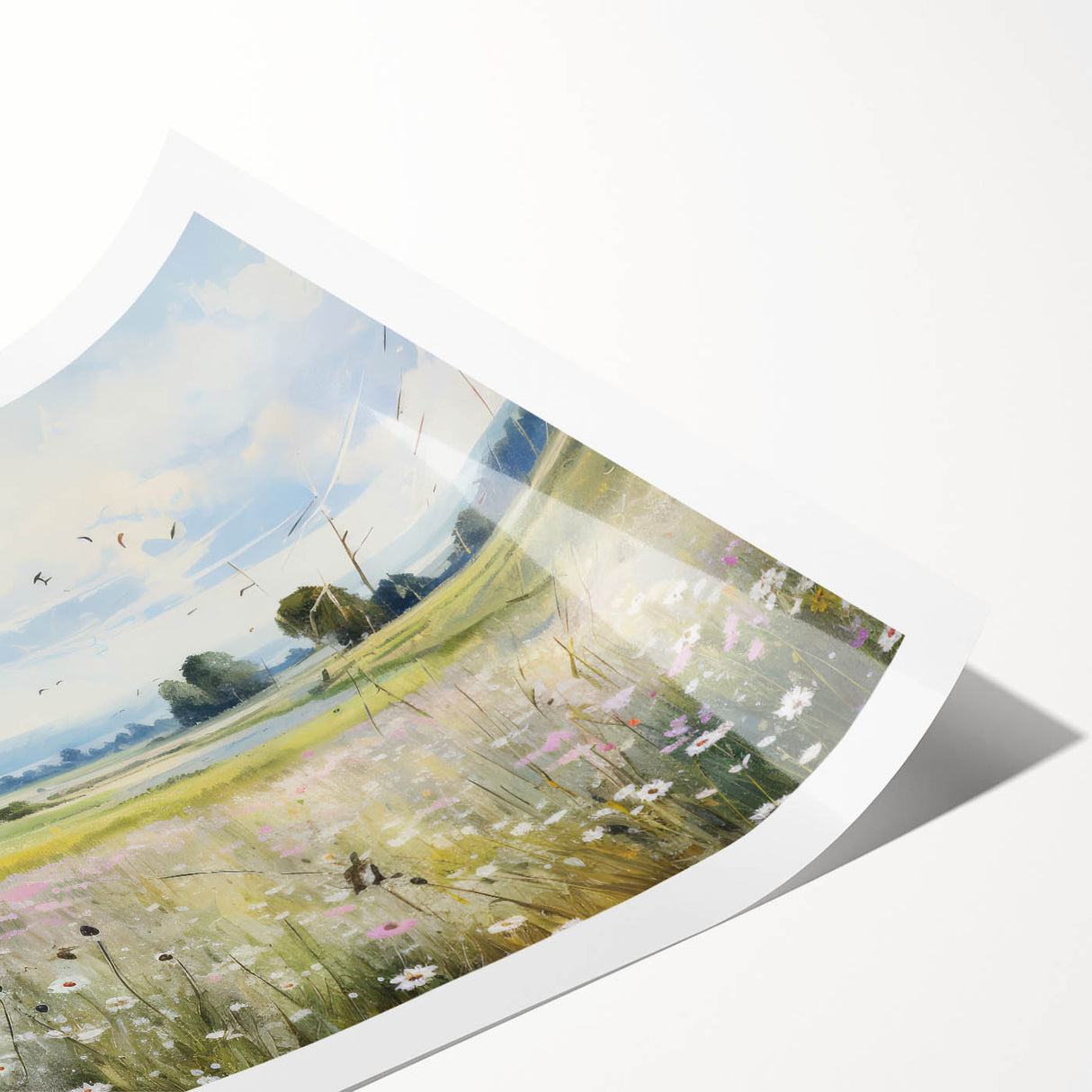 Vintage Landscape Art - Scenic Field with Flowers