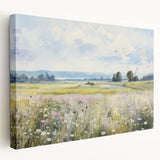 Vintage Landscape Art - Scenic Field with Flowers
