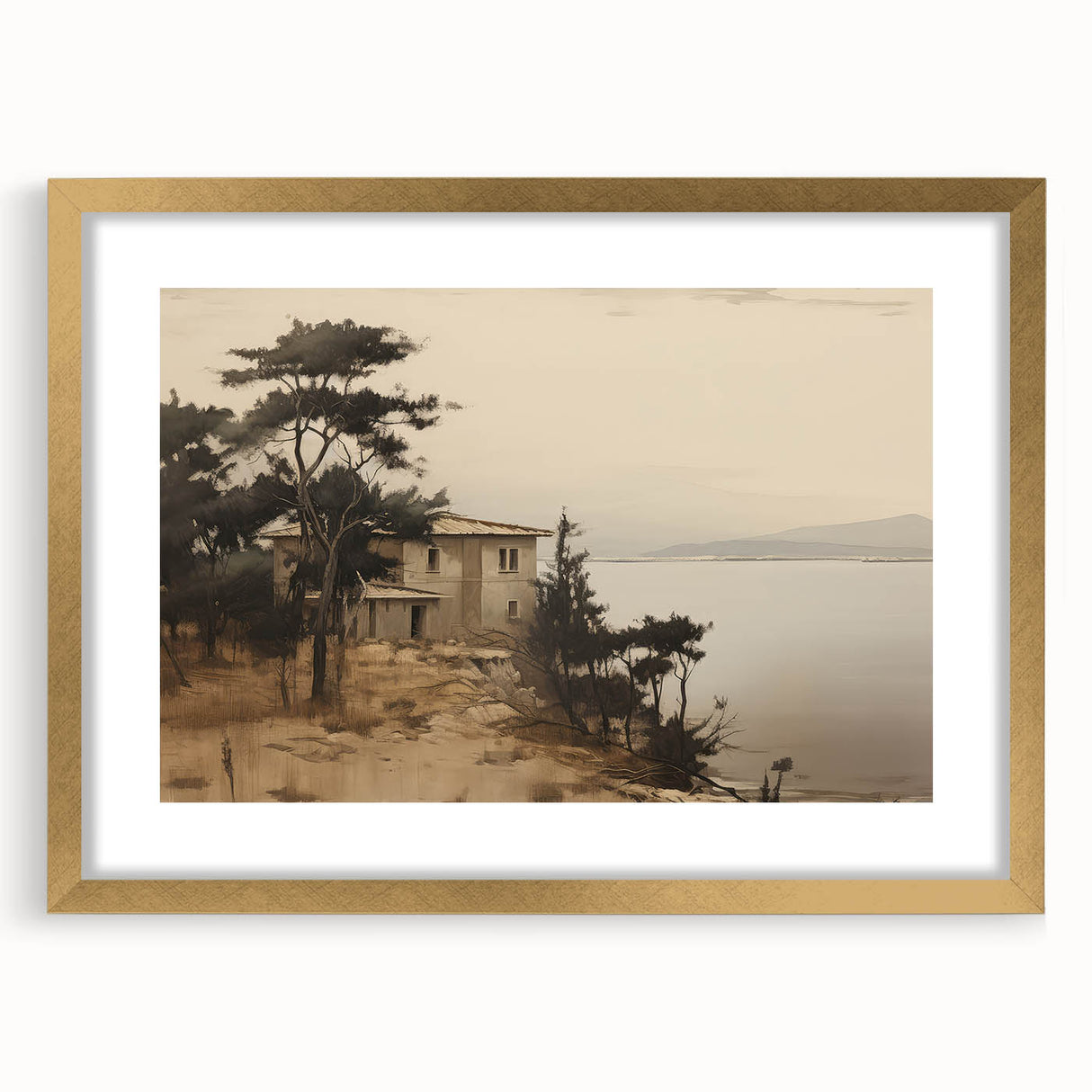 Vintage Landscape Art - Coastal House with Trees