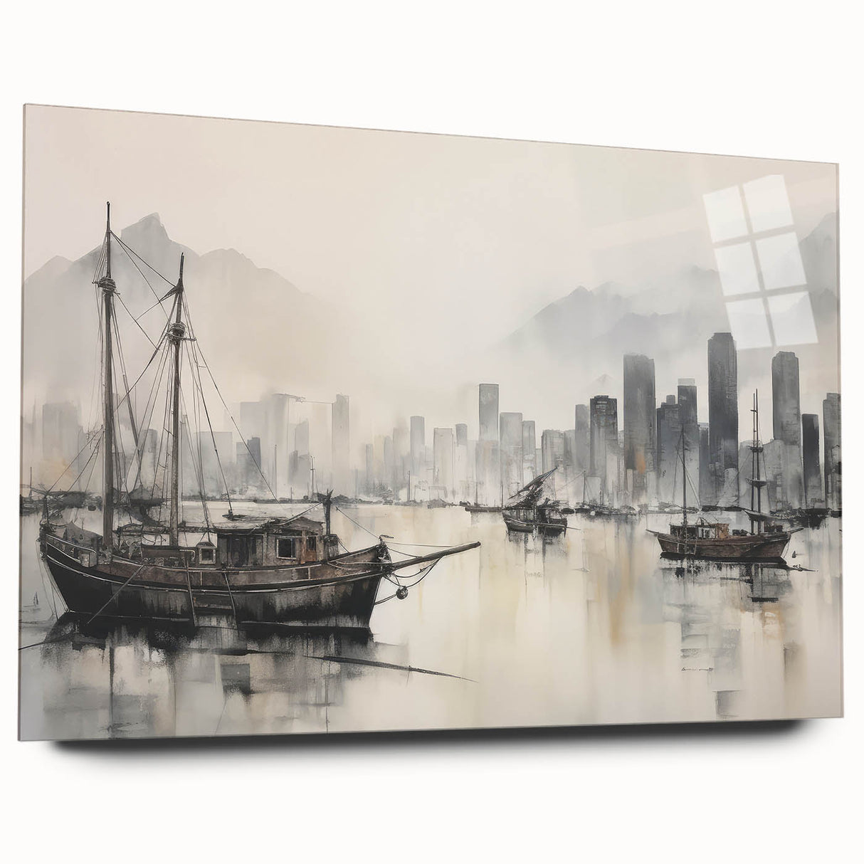 Vintage Landscape Art - Ships in Harbor with City Skyline