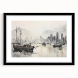 Vintage Landscape Art - Ships in Harbor with City Skyline